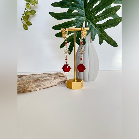 Elegant Art Deco-Inspired  Dangle Statement Earrings- Red & Roses Drop Earrings - Picture 9 of 14